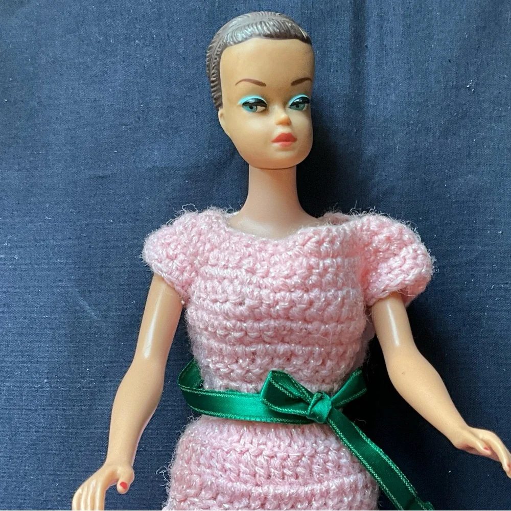 Vintage 1960s Barbie Doll in Homemade Pink Crochet Dress No Wigs Japan Foot